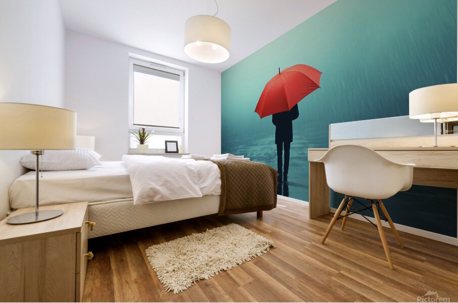 Person under a red umbrella stands alone in heavy rain on a foggy street during a gloomy day Mural print