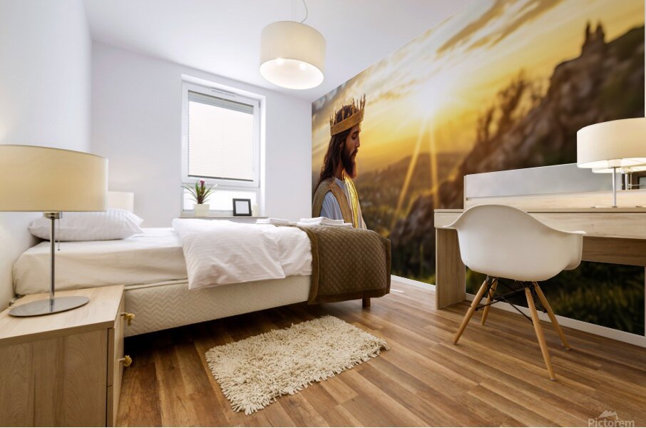 Jesus Christ in regal attire standing on a hill at sunset contemplating nature and spirituality Mural print