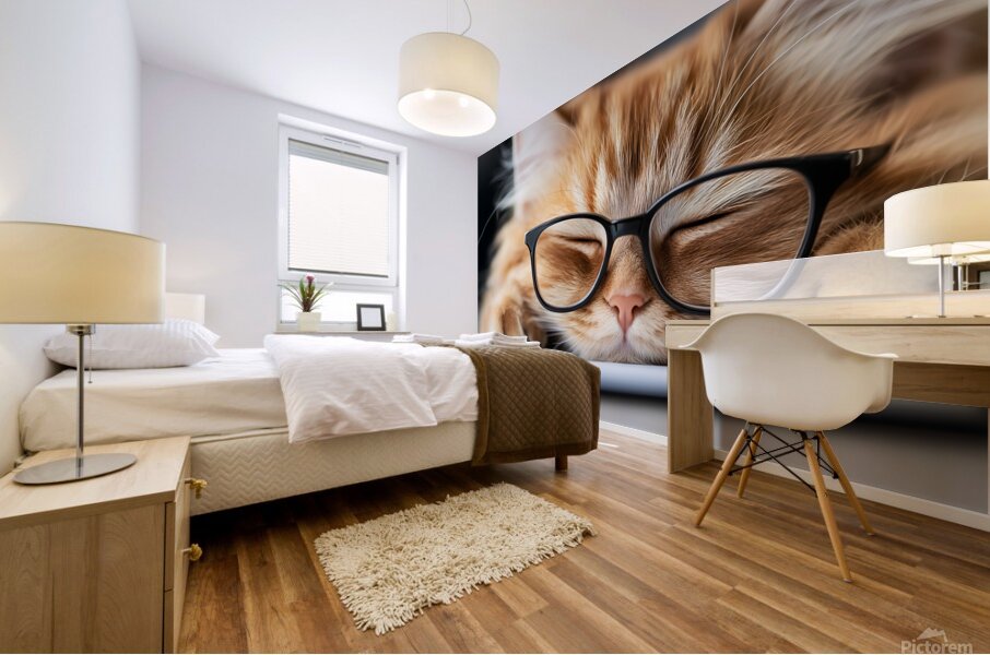 A fluffy orange cat with metal glasses frame is peacefully napping on a notebook. Its eyes are closed creating a serene atmosphere in a warm and inviting indoor space. Mural print