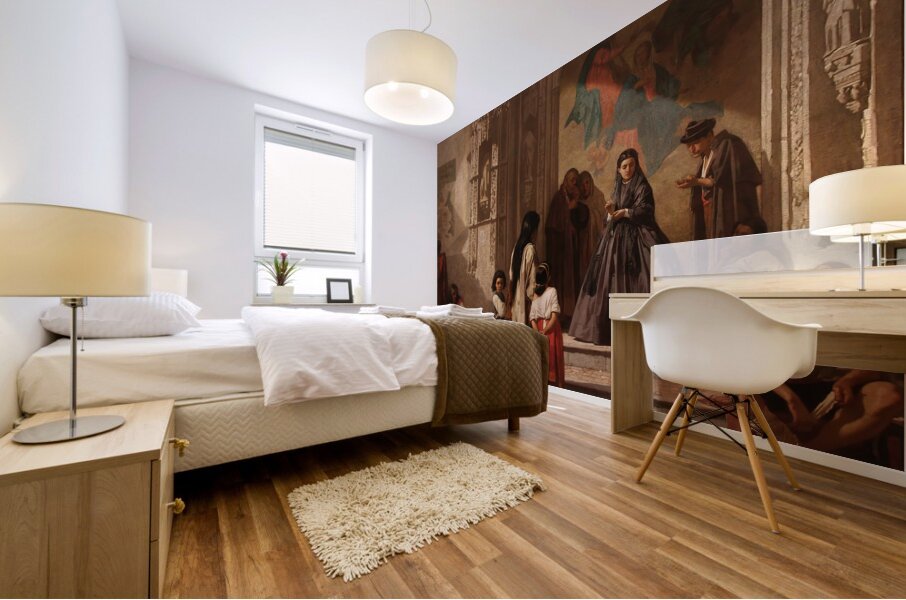 Jeune femme faisant la charité à l’entrée de la chapelle de l’hôpital San Sebastian à Cordoue [1863] by Léon Bonnat [1833–1922] Mural print