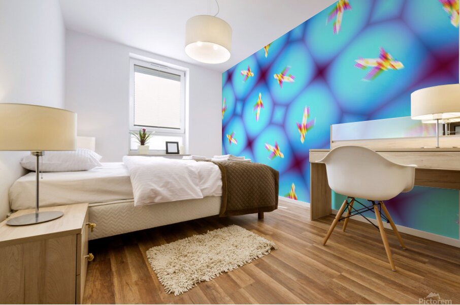 Low view of airplane against blue sky during takeoff or landing in metaverse Mural print