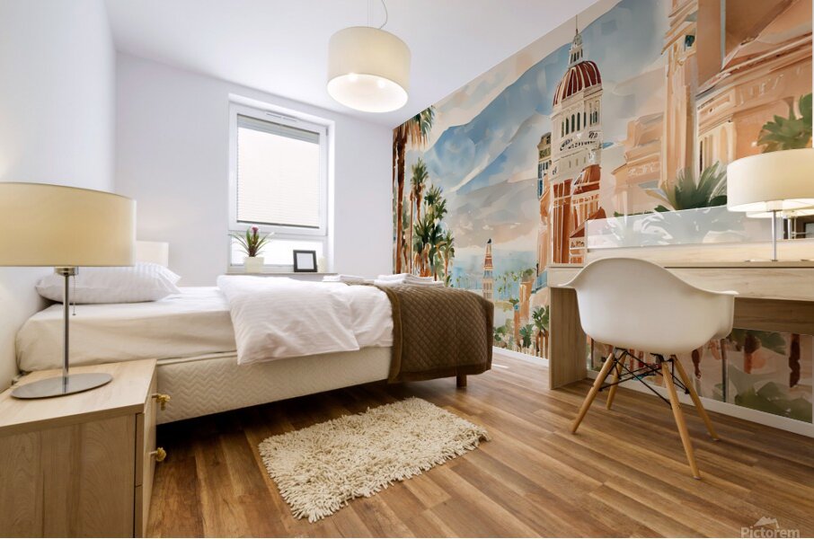 Watercolor Style Painting of Lively Las Vegas Boulevard with Iconic Clock Tower-UN44  Mural print