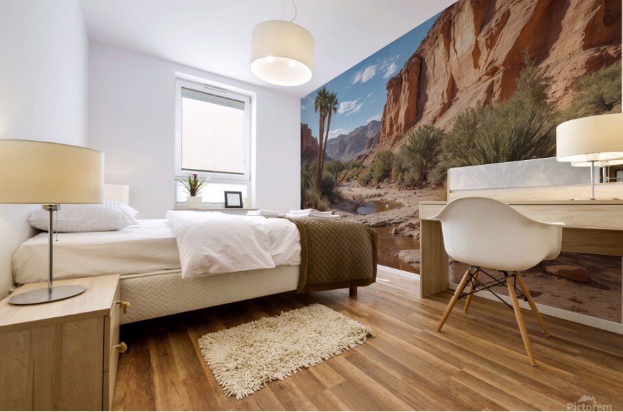 Serene Desert Landscape with Stream and Palm Trees Mural print