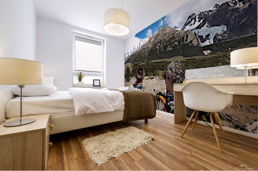 Fitz Roy Massif and Glacier Piedras Blancas behind explorers Mural print
