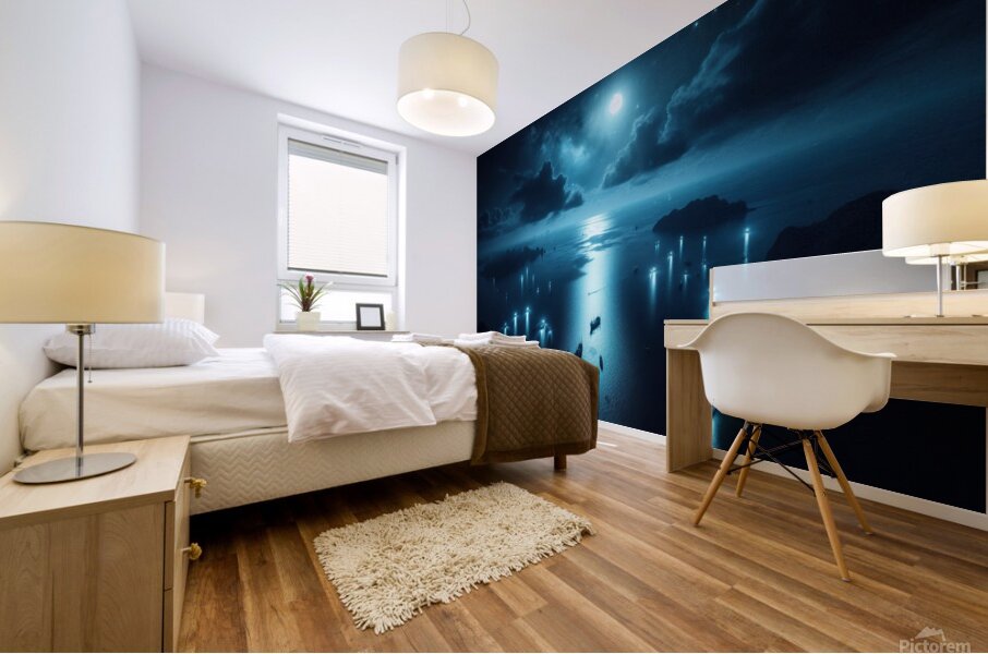 Luminous boats at night at sea 12 Mural print