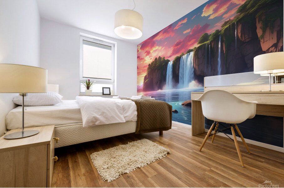 Majestic Anime-Style Waterfall Sunset – A Dreamlike Cloud Aesthetic Mural print