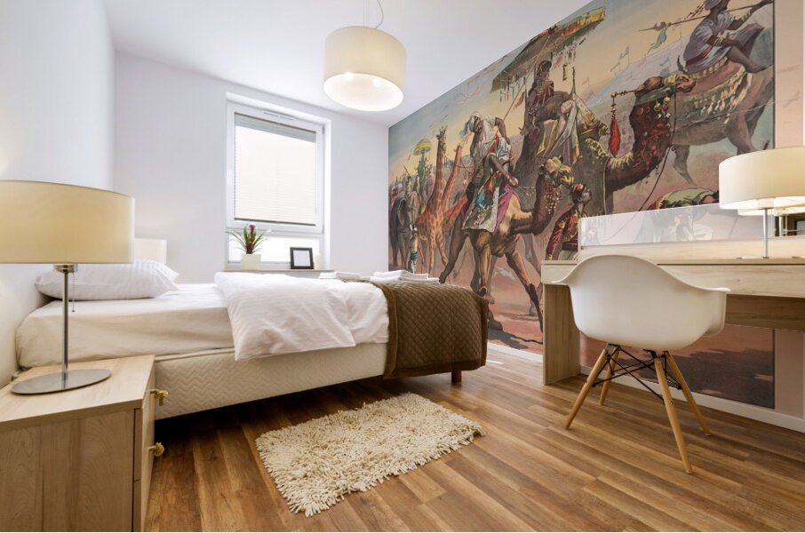 Circus troupe with people in exotic dress riding camels. Giraffes. Elephants [1890] by Calvert Litho. Co [1863–] Mural print