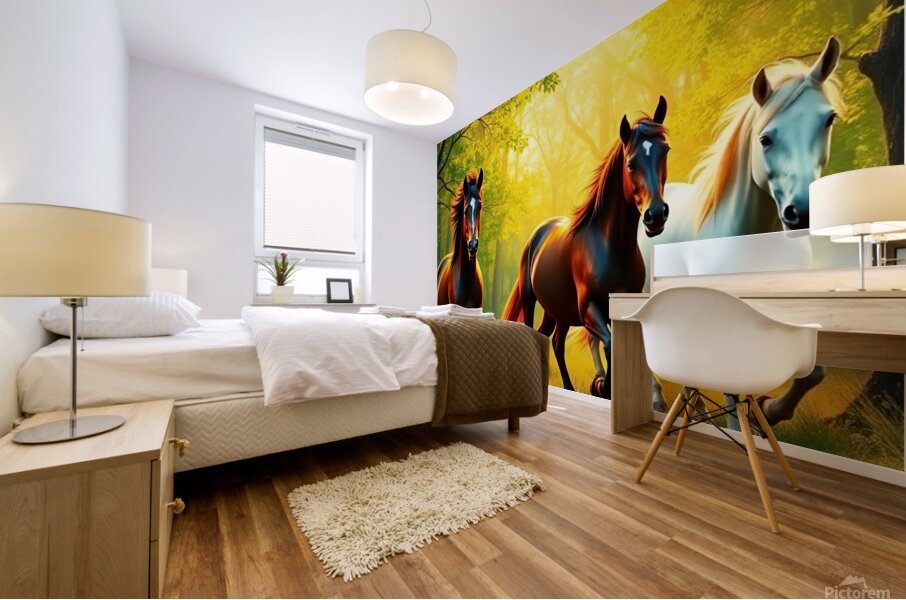 Bright vibrant colors depicting wild horses in a Mural print