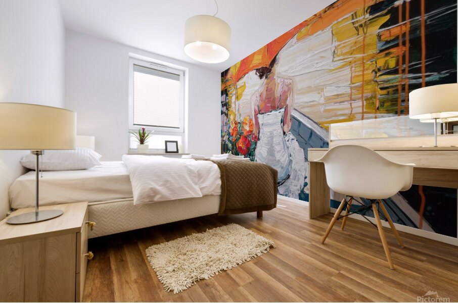 Serene Reflections – A Woman with an Orange Umbrella Mural print