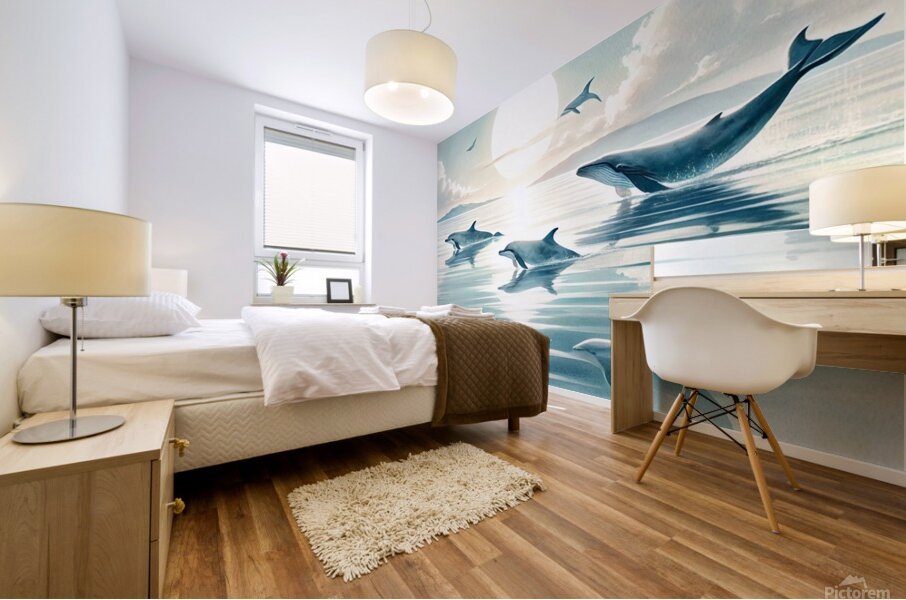 Majestic Whales and Dolphins in a Serene Ocean Mural print