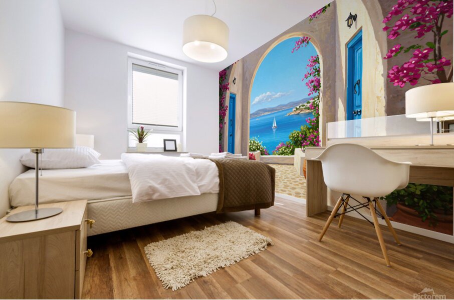 Mediterranean archway with bougainvillea blue doors and a view of the sea with a sailboat. Mural print