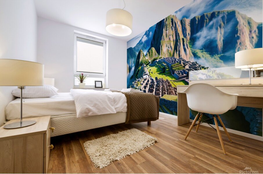a vibrant and hyper-realistic painting of Machu Picchu Mural print