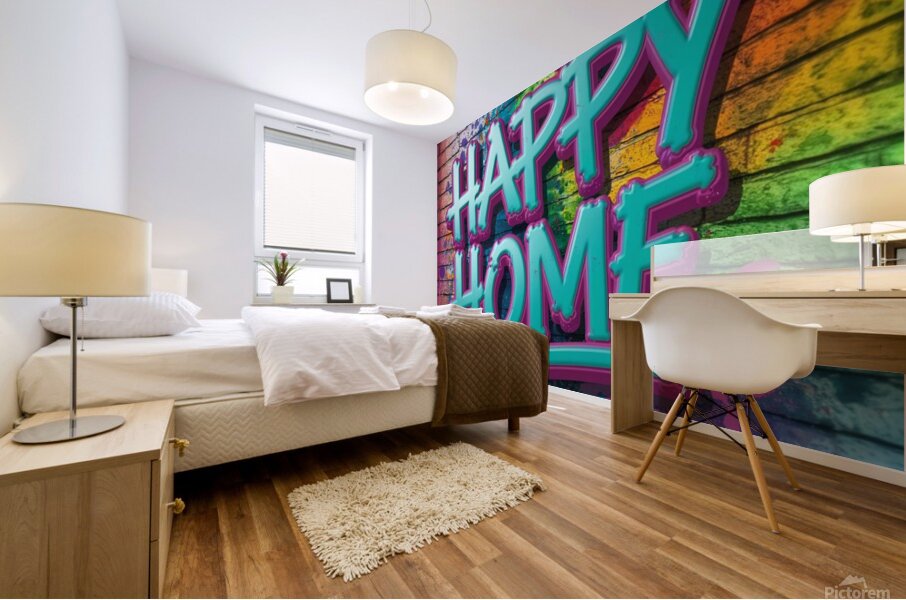  colorful graffiti-style image. The focal point is the bold eye-catching letters HAPPY HOME Mural print
