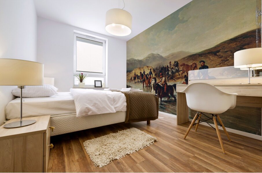 Französische Kavallerie in der Pferdeschwemme [1867] by Joseph Anton Strassgschwandtner [1826–1881] Mural print