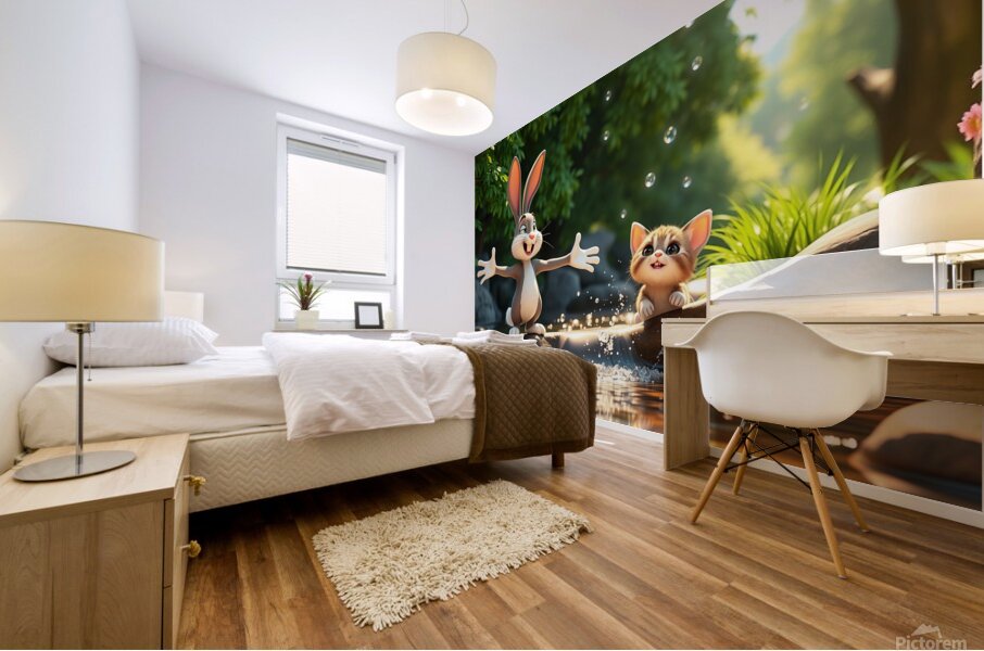 The rabbit teaches the kitten to swim Mural print