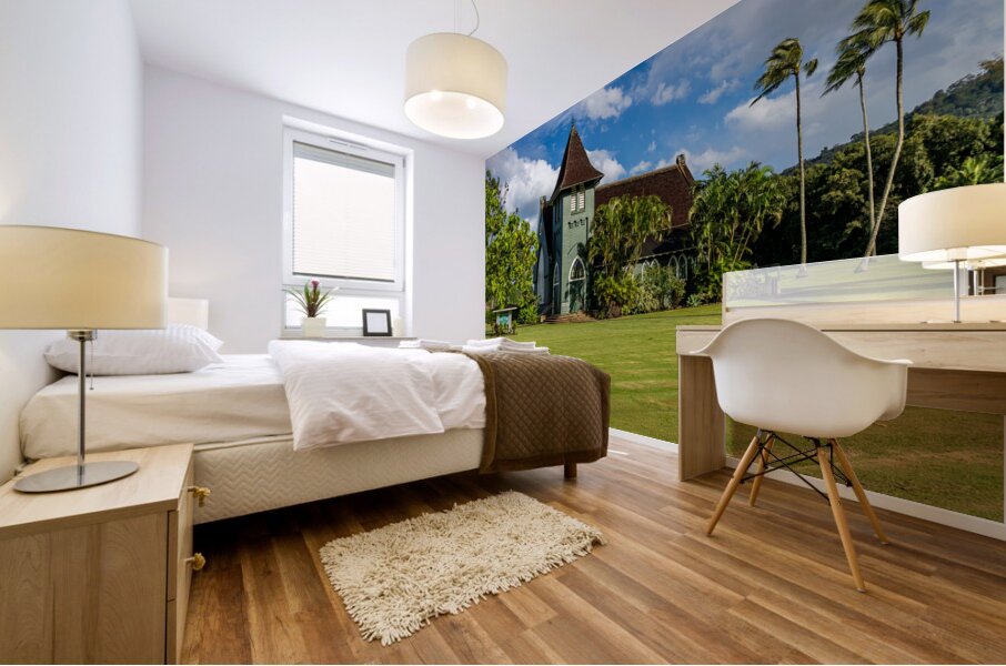 Waioli Huiia Church stands in Hanalei Kauai with the majestic  Mural print