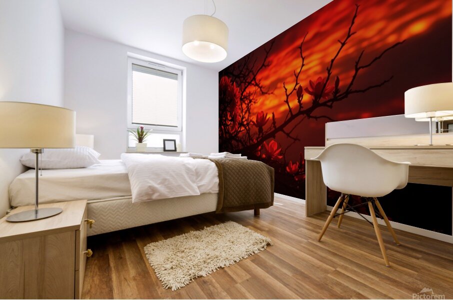 Dramatic Sunset with Glowing Red Flowers and Dark Silhouetted Branches Mural print