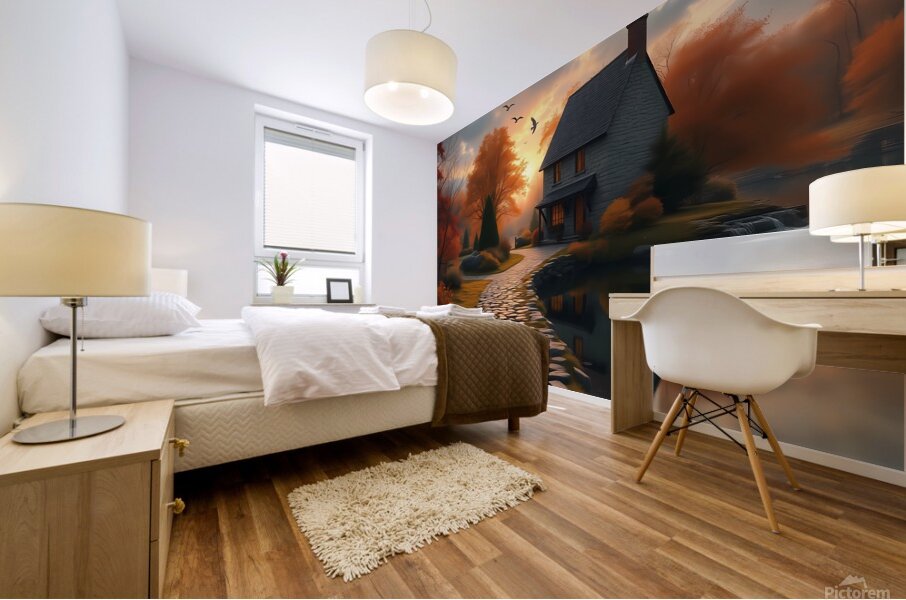 Idyllic Autumn Cottage by the Stream – Dreamlike Sunset Landscape Mural print