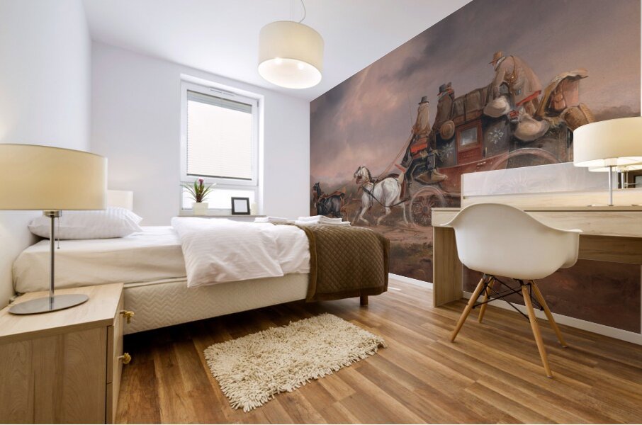 Mail Coaches on the Road– the Louth–London Royal Mail progressing at Speed by Charles Cooper Henderson [1803–1877] Mural print