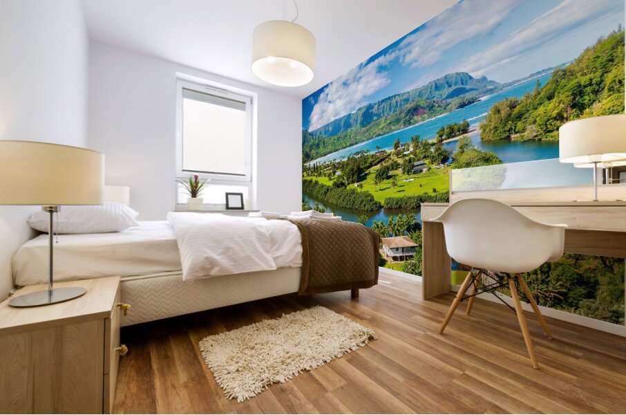 Breathtaking aerial view of Hanalei Bays verdant landscape unde Mural print