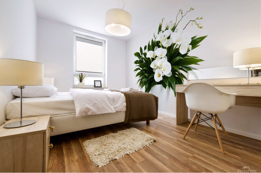Charming White Orchid Arrangement in Sleek Vase Mural print