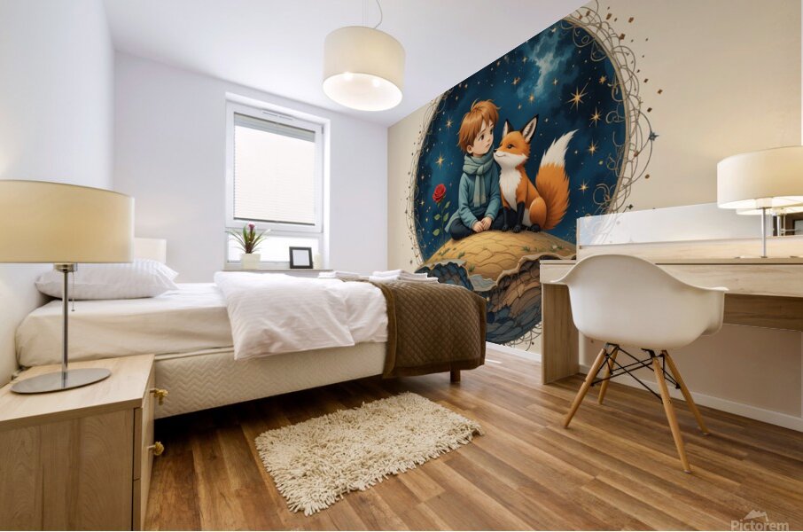 Boy and Fox on a Tiny Round Planet with Red Rose Vibrant Colors Beige Background Twinkling Stars and Intricate Details Perfect for Nursery Kids Room. Mural print