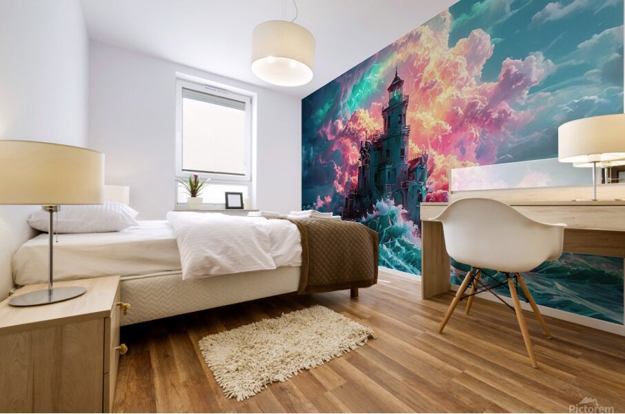  Emerald Tempest: Waves Beneath a Crimson Sky Mural print