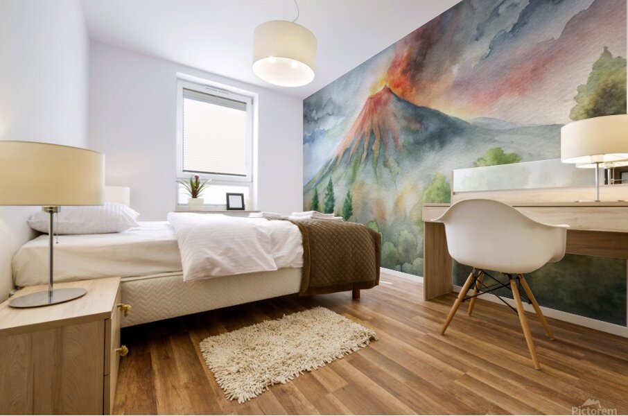                   Watercolor Volcano Eruption in a Misty Forest Mural print
