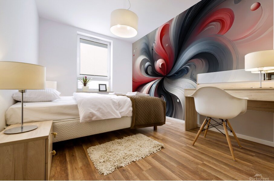  Abstract Floral Art – Red Gray & Black Swirling Fluid Painting Mural print