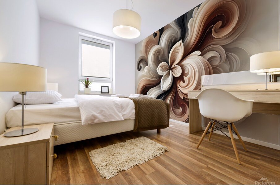 Elegant Abstract Floral Painting – Beige Brown & Black Swirling Artwork Mural print