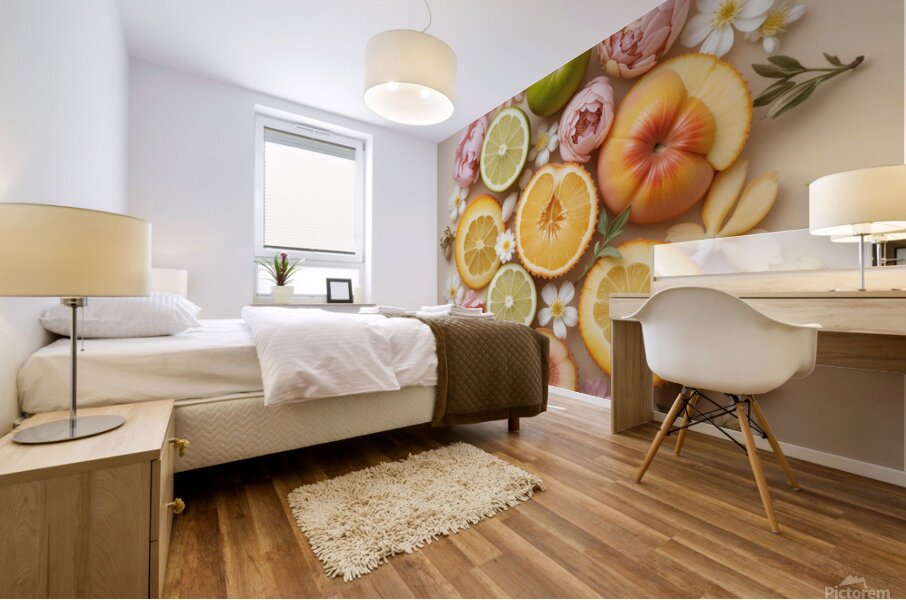 Vibrant Citrus and Floral Flat Lay – Aesthetic Fruit and Flowers Composition Mural print