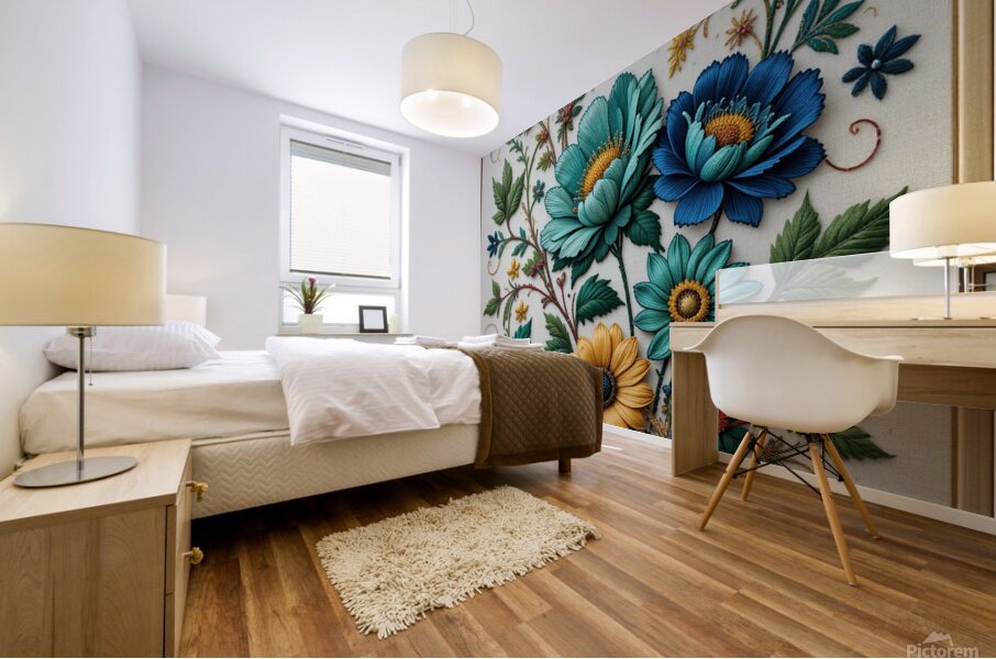 Exquisite Hand-Embroidered Floral Artwork – Vibrant Botanical Textile Art Mural print