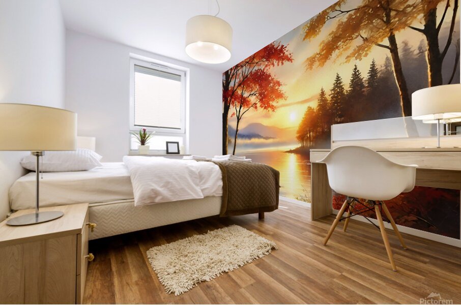 Tranquil Autumn Sunrise Over a Misty Lake Mural print