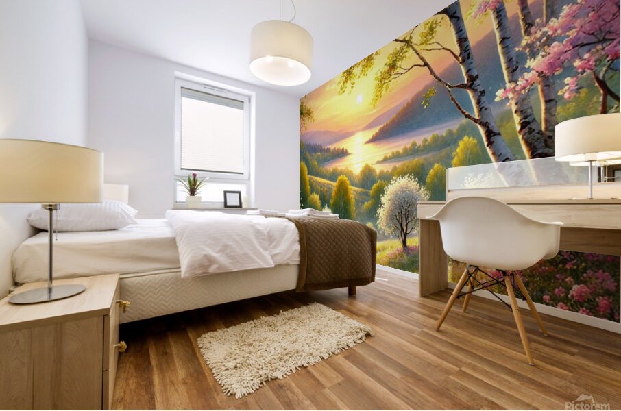 Serene Spring Sunset Over a Blooming Landscape Mural print