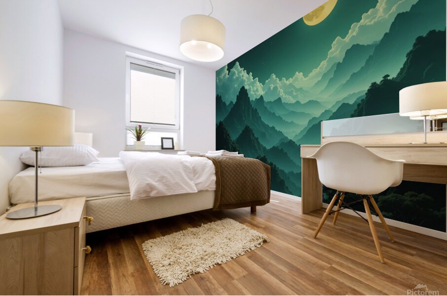 Mystical Full Moon Over a Majestic Mountain Landscape at Night Mural print