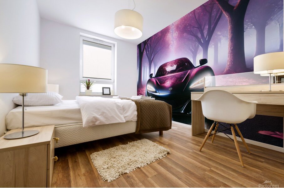 Luxury Supercar in a Dreamy Pink Forest – Stunning Night Drive Mural print