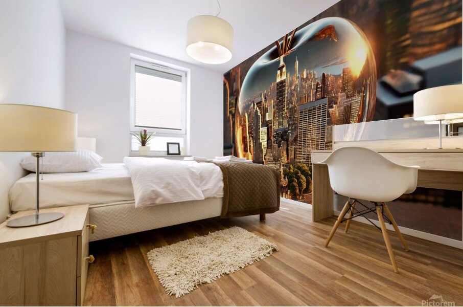 Golden Apple of New York – A Surreal Cityscape Reflection Mural print