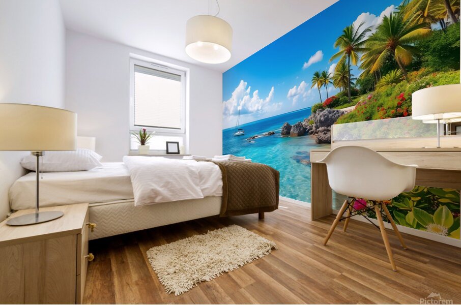 Tropical Paradise with Turquoise Waters Palm Trees and a Sailing Yacht Mural print