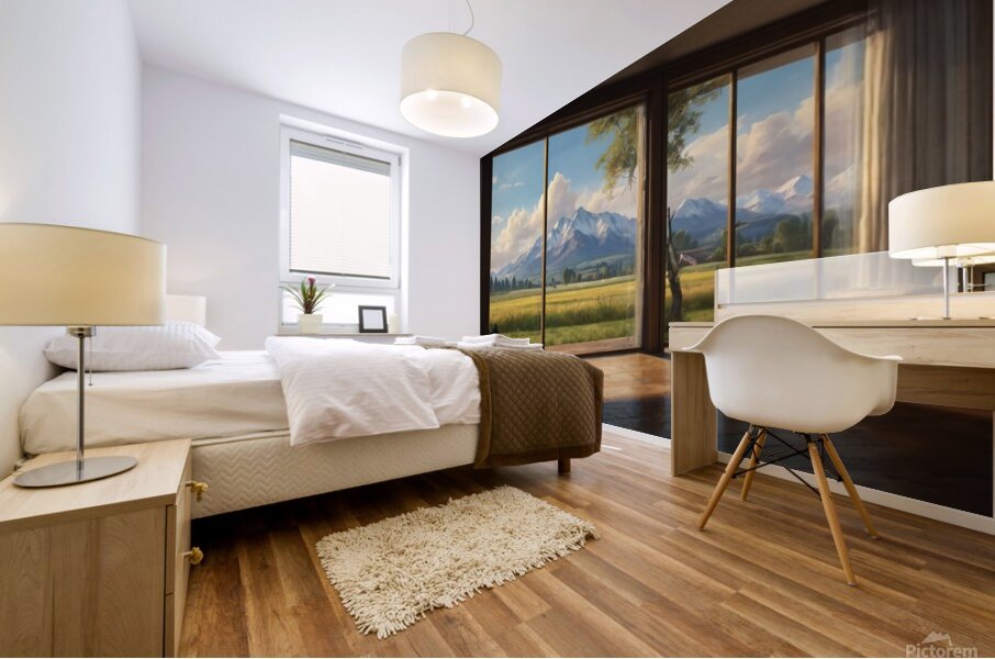 English: Mountain Vista: A Modern Interior with Panoramic Views Mural print