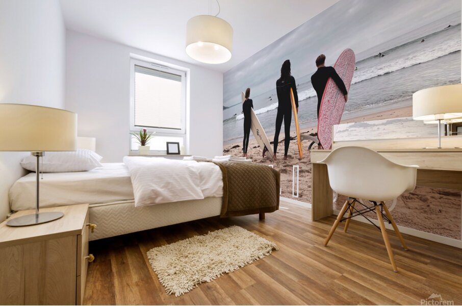 Three Surfers at Malibu with Text Mural print