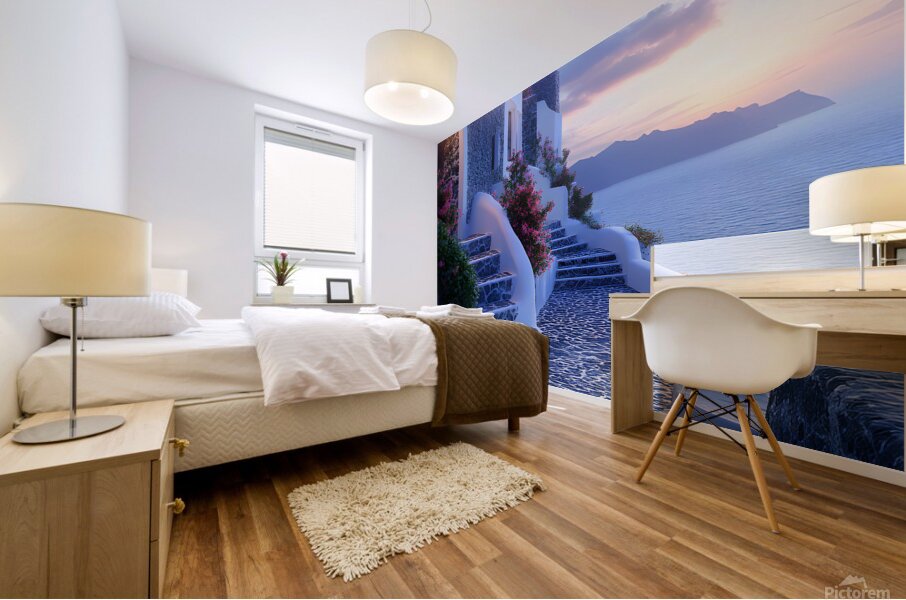 Beautiful Vintage Modern Blue Oil Painting of Santorini Mural print