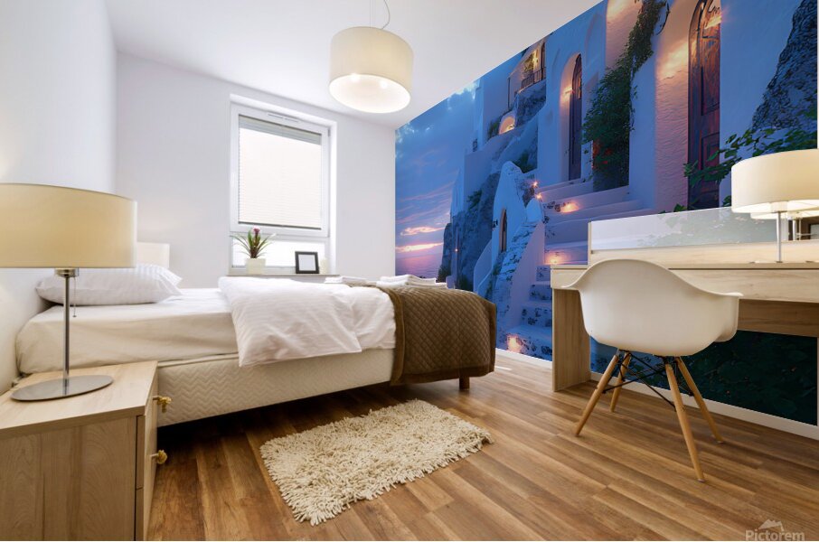 Beautiful Vintage Modern Blue Oil Painting of Santorini Mural print