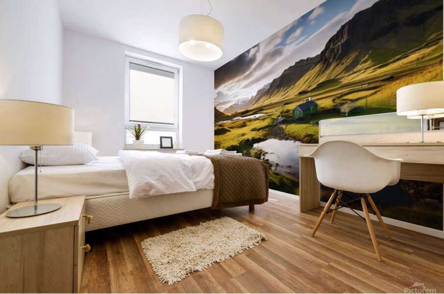 Stunning mural featuring an Icelandic landscape at sunset Mural print