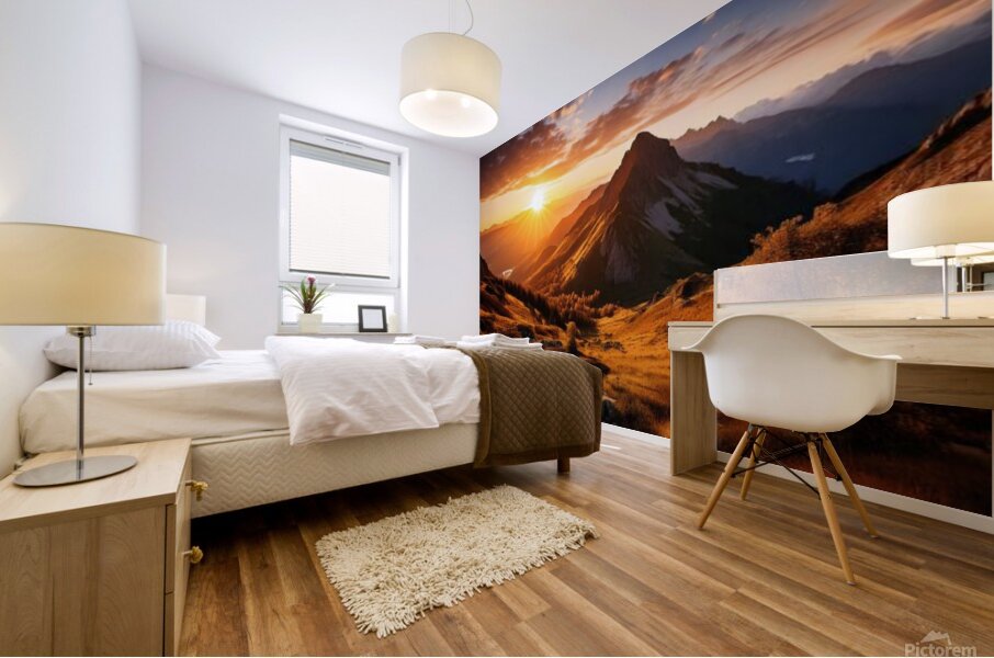 Stunning mural featuring a breathtaking sunrise over a majestic mountain range Mural print