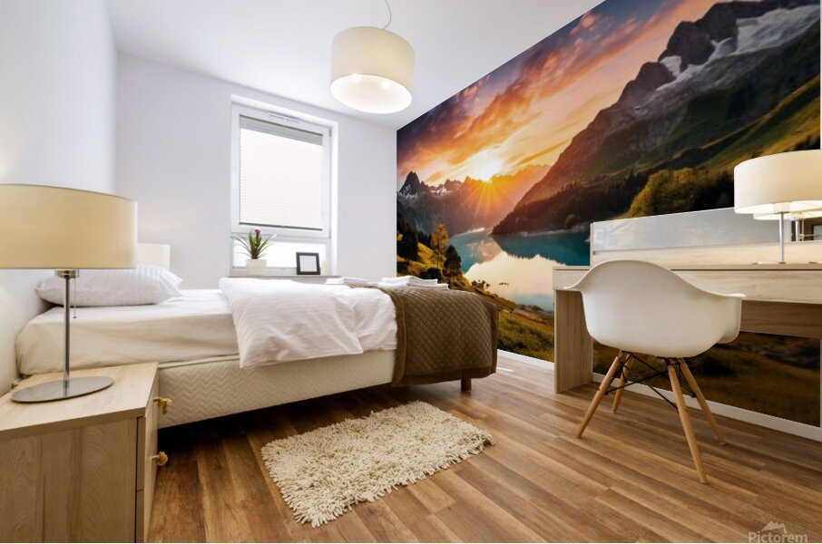  stunning mural depicting a breathtaking sunrise over a serene lake nestled in the mountains. Mural print