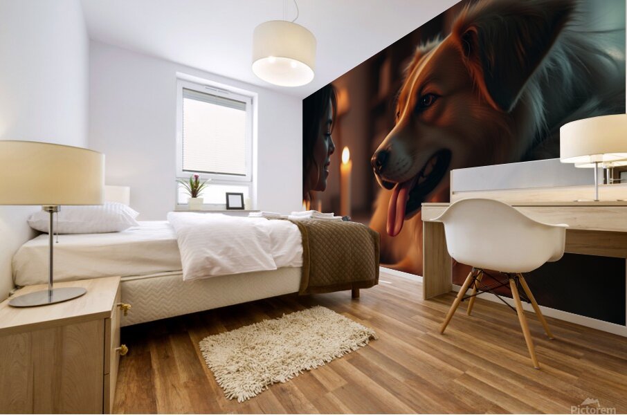 A cinematic still of a dog family scene with warm Mural print