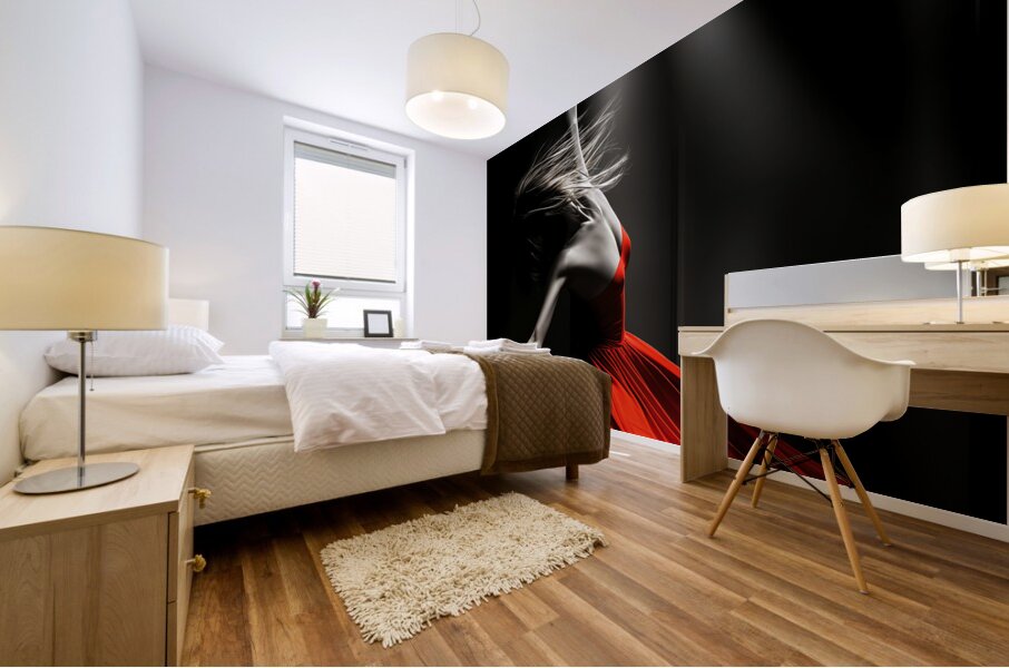 Fine Art High Contrast Photography Dancer Mid Leap Spotlight Red Color Accent Dramatic Movement Art Mural print
