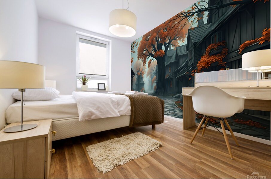 A Gloomy Fantasy Village Bathed in Golden Light.p Mural print