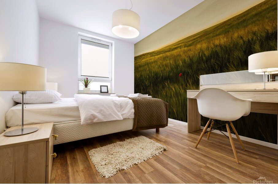 Golden Wheat Field with Red Poppy: A Serene Landscape Mural print
