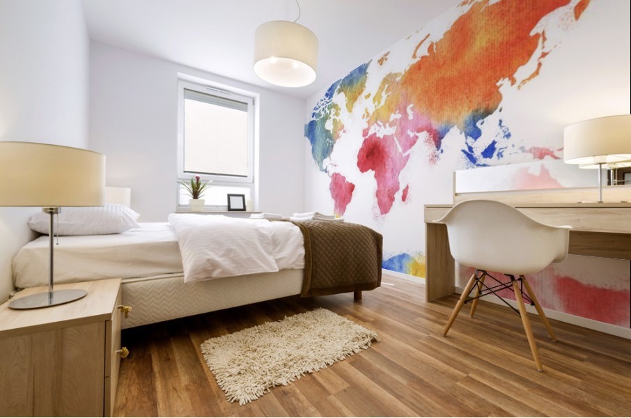 Watercolor Silhouette World Map Rainbow Sea Mural print